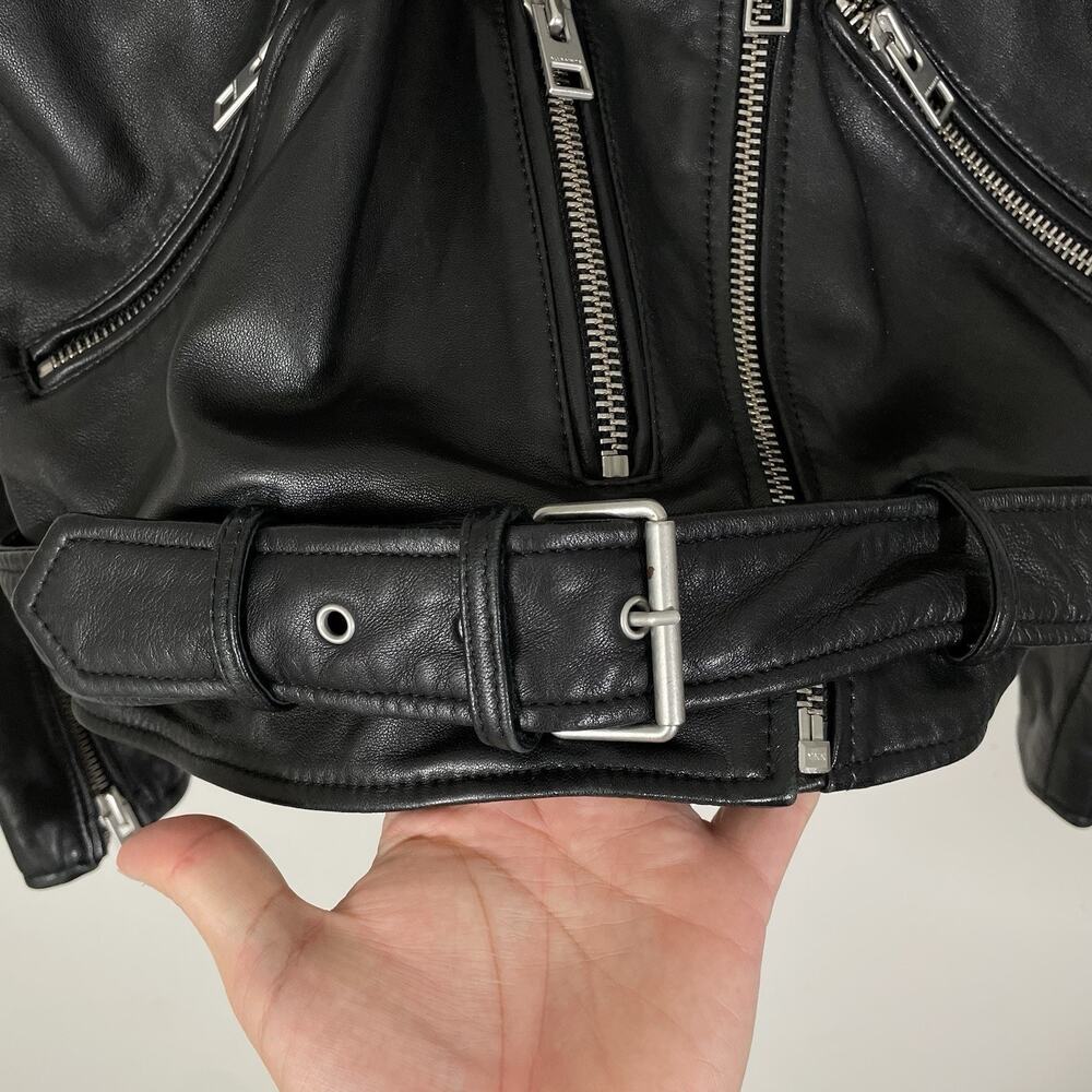 All Saints Balfern Leather Biker Jacket Women's Size US 10 Black Moto Belted - Picture 5 of 8